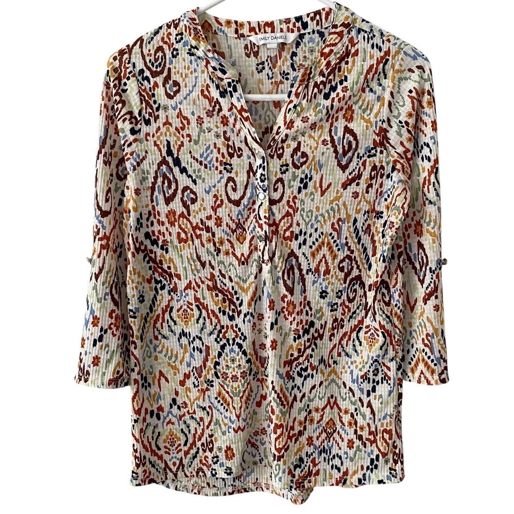 EMILY DANIELS Colorful Geometric Print Blouse Small Multicolor Slinky Stretch